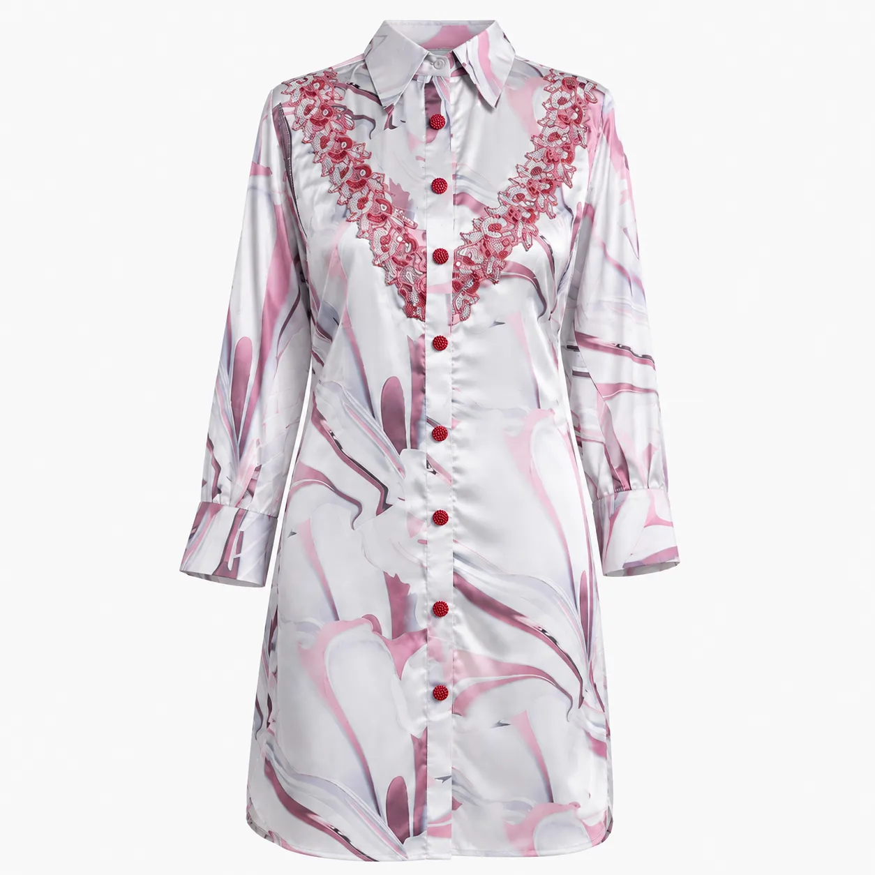 Abstract Marble Print Shirt Dress with Embellished Placket